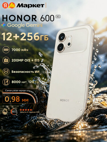 Изображение товара Смартфон HONOR 600 12 ГБ/256 ГБ, 6.57" AMOLED, 200 Мп Основная камера, 7000 мАч 80W, IP68/69 IP69K, EAC (Ростест), Золотисто-белый