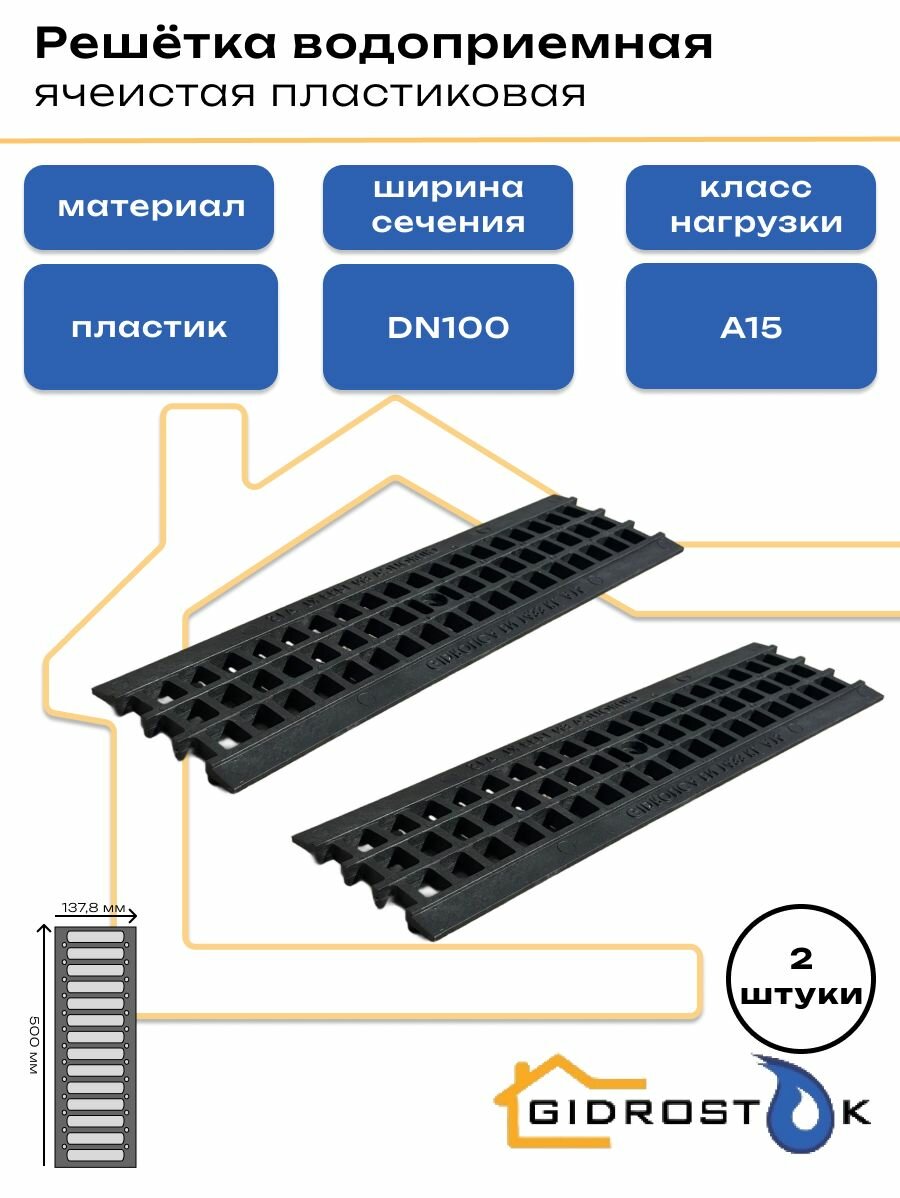 Решётка водоприёмная Gidrolica Standart ячеистая пластиковая DN100 500мм х 137 8мм класс А15  комплект 2 штуки 