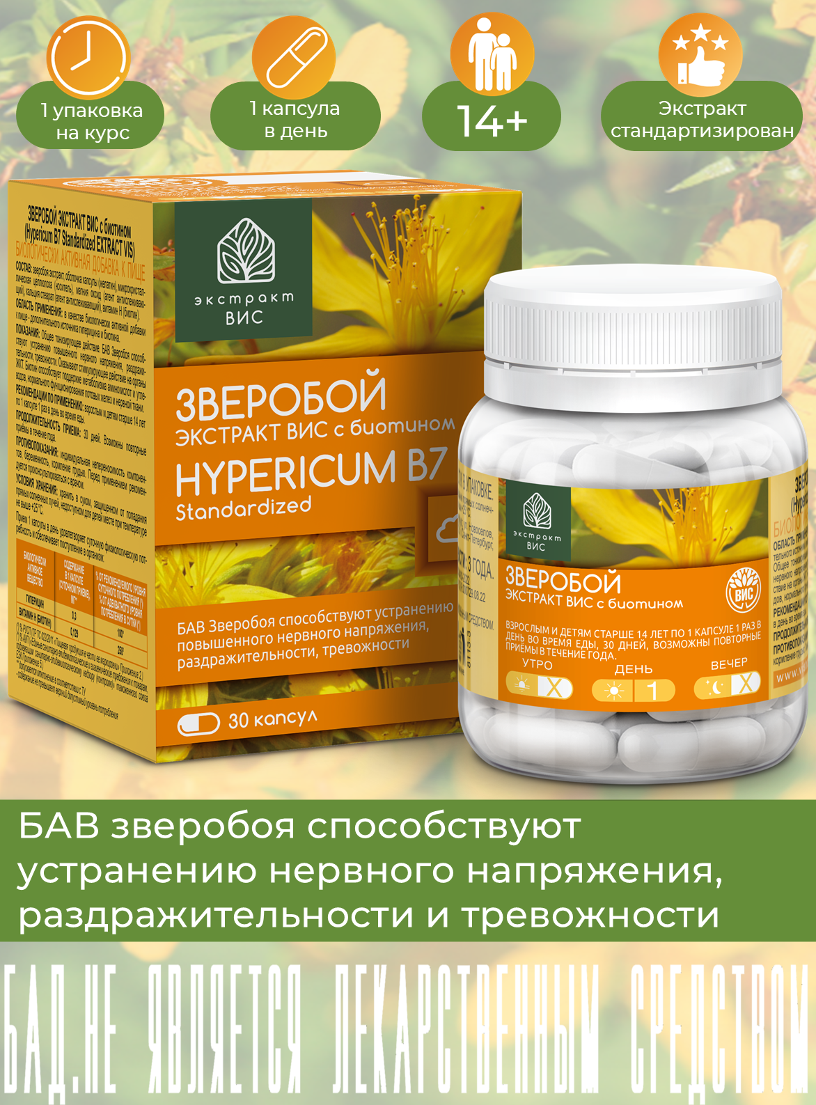 Зверобой экстракт ВИС с биотином (Hypericum В7 Standardized EXTRACT VIS) капсулы массой 0,3г N30