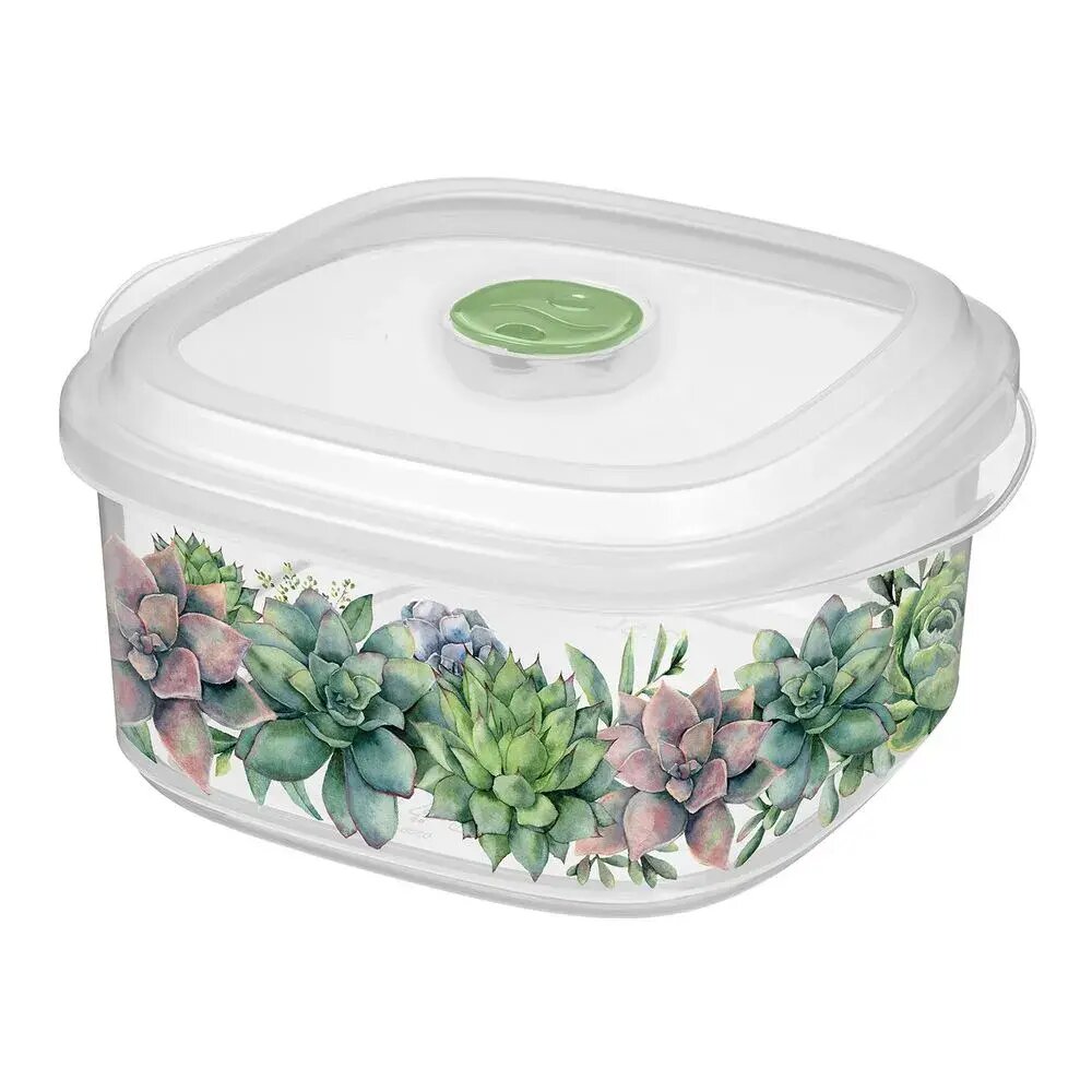 Контейнер для СВЧ Bergamo 16л с клапаном и декором суккулентов прозрачный
