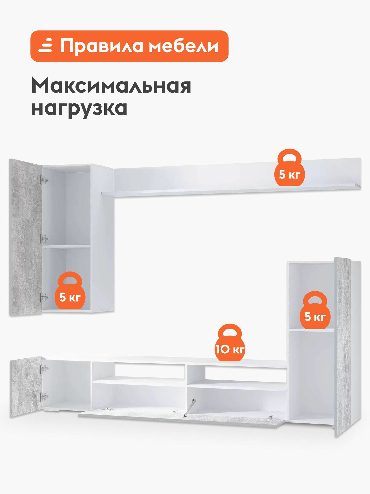 Гостиная комплект Астория с полкой, тумбами, шкафами, 213х37,1х168 см, Белый / Цемент светлый — фото 1