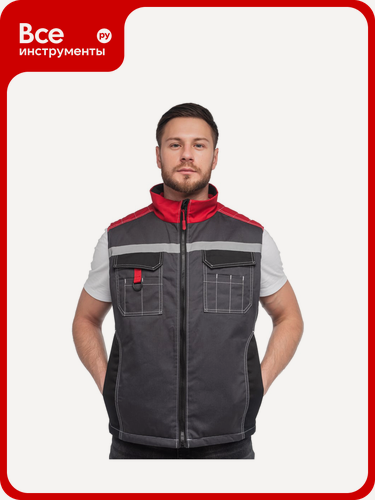 Изображение товара Утеплённый жилет с СОП Спрут формула серый, красно‑черная отделка, синтепоновый утеплитель, водоотталкивающая пропитка