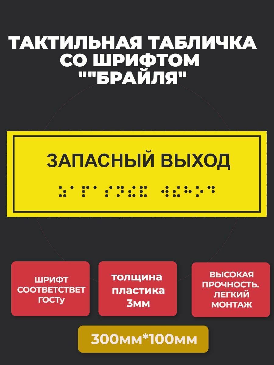 Тактильная табличка со шрифтом Брайля "Запасный выход" 100х300мм для инвалидов "Доступная среда" по ГОСТ 52131-2019 (Всё объёмное выпуклое) ПВХ 3мм