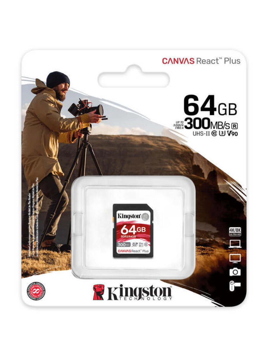 Карта памяти Kingston SD 64gb Canvas React Plus SDR2/64GB, UHS-II, U3, V90 — фото 1