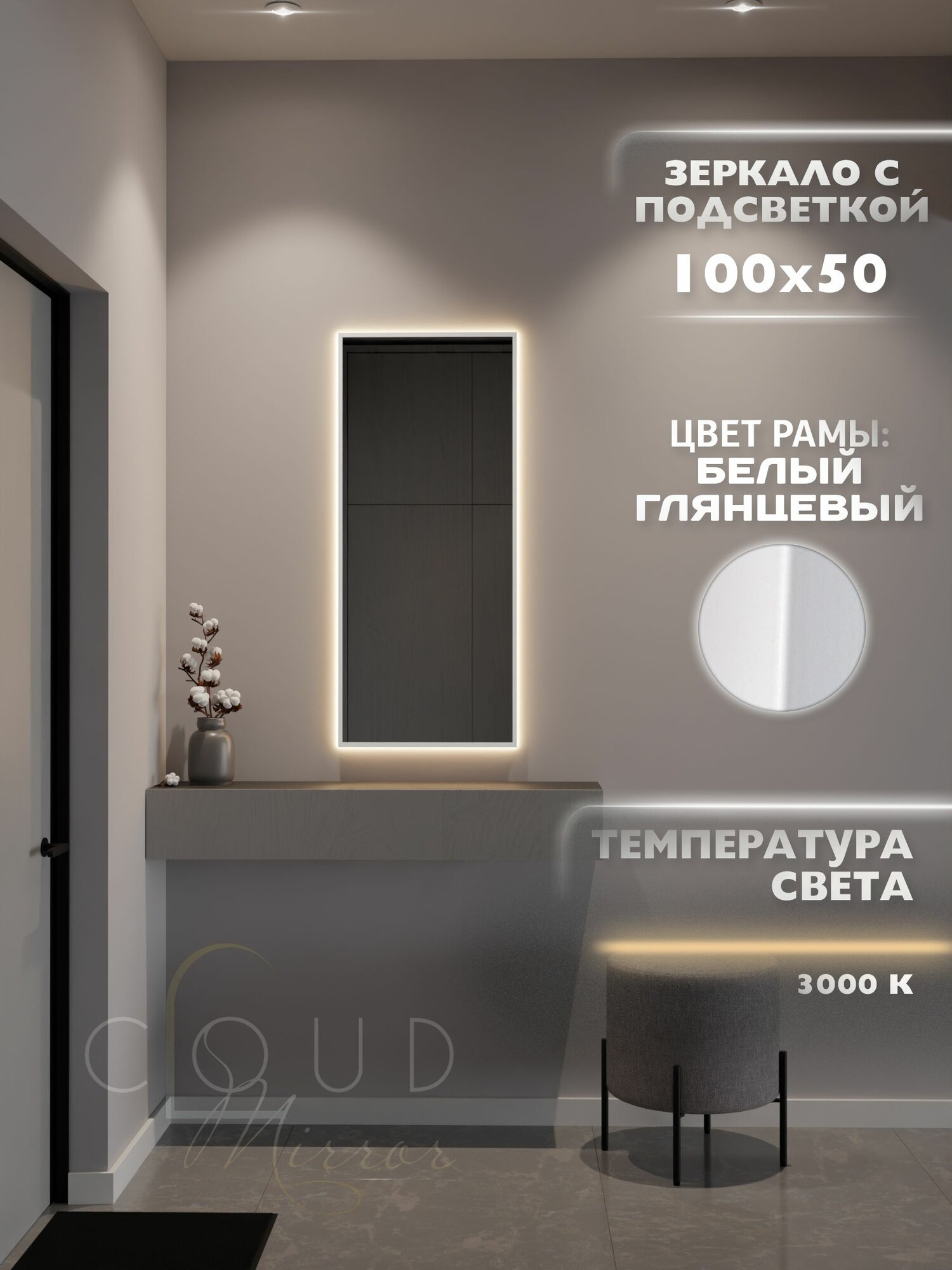 Зеркало с подсветкой в ванную в алюминиевой раме настенное CLOUD MIRROR 100х50см. Свет: Теплый белый 3000К. Белое