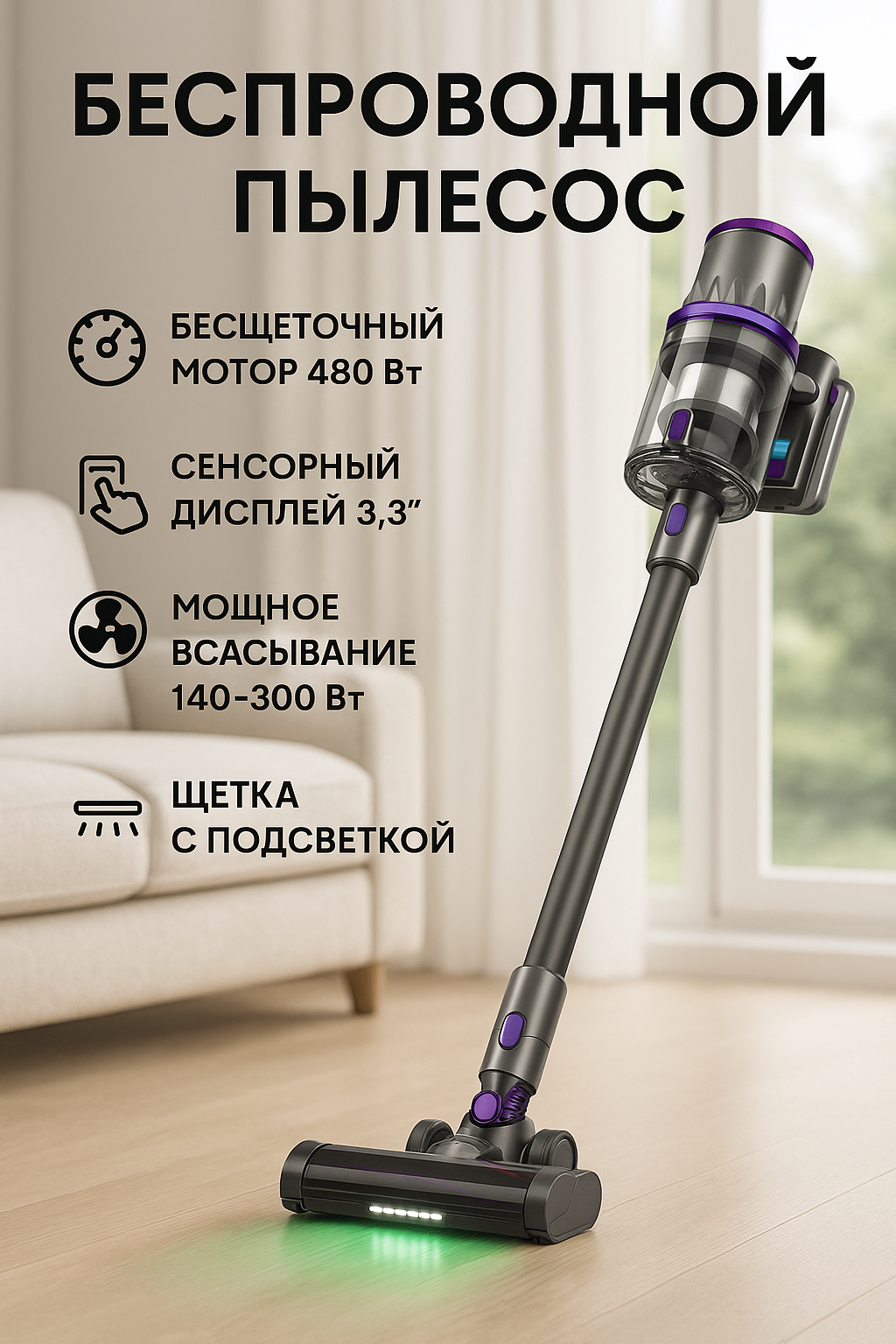 Беспроводной пылесос S11 — сенсорный LED-дисплей 3.3", мощность 480 Вт, циклонная фильтрация, щётка с подсветкой