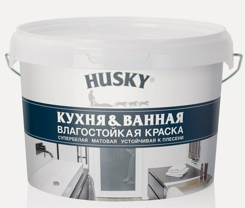 Изображение товара Краска Husky для кухонь и ванных комнат, белый, 5 л для моющихся стен в помещениях с высокой влажностью
