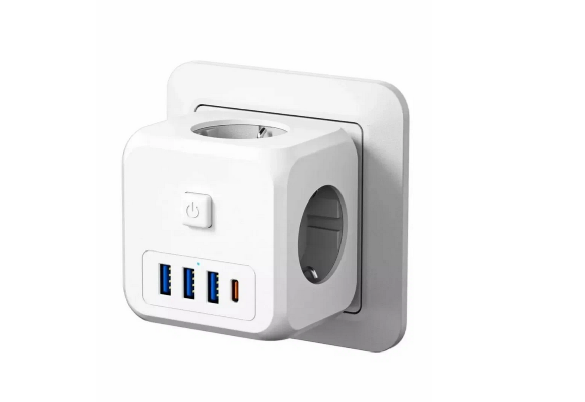 Тройник куб для розетки с 3 розетками, 3 портами USB, 1 портом Type-C — фото 1