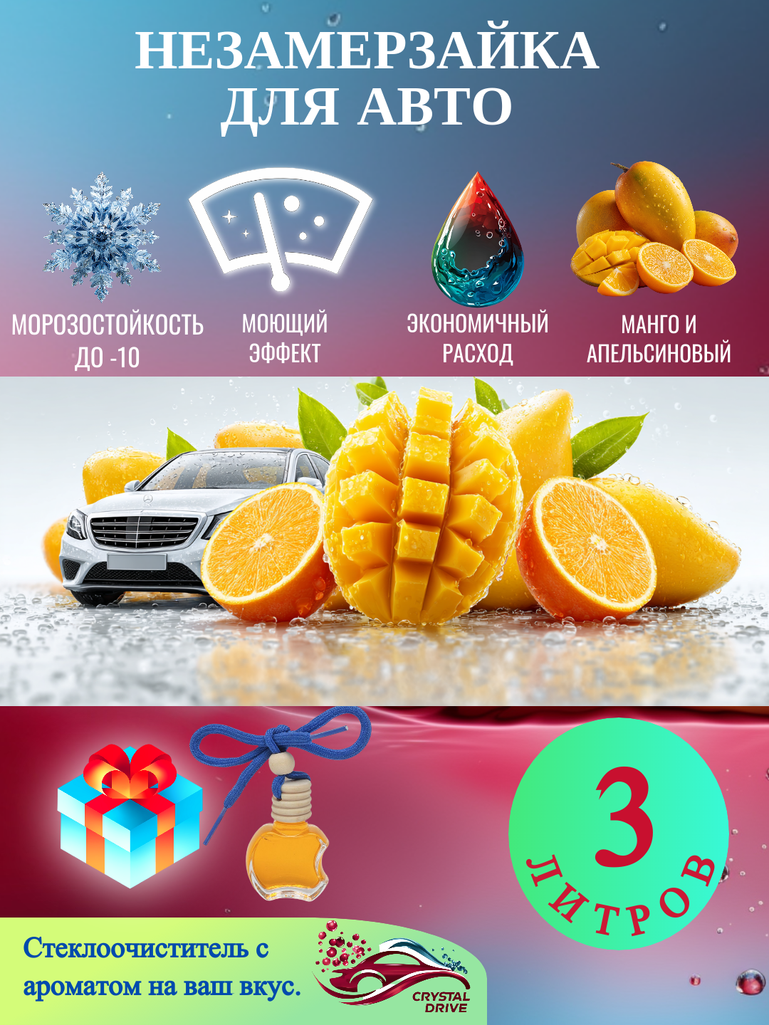 Незамерзайка для автомобиля, для отмывания стекол, гибридная формула: незамрезкайка, антидождь, средство омывайка стекол