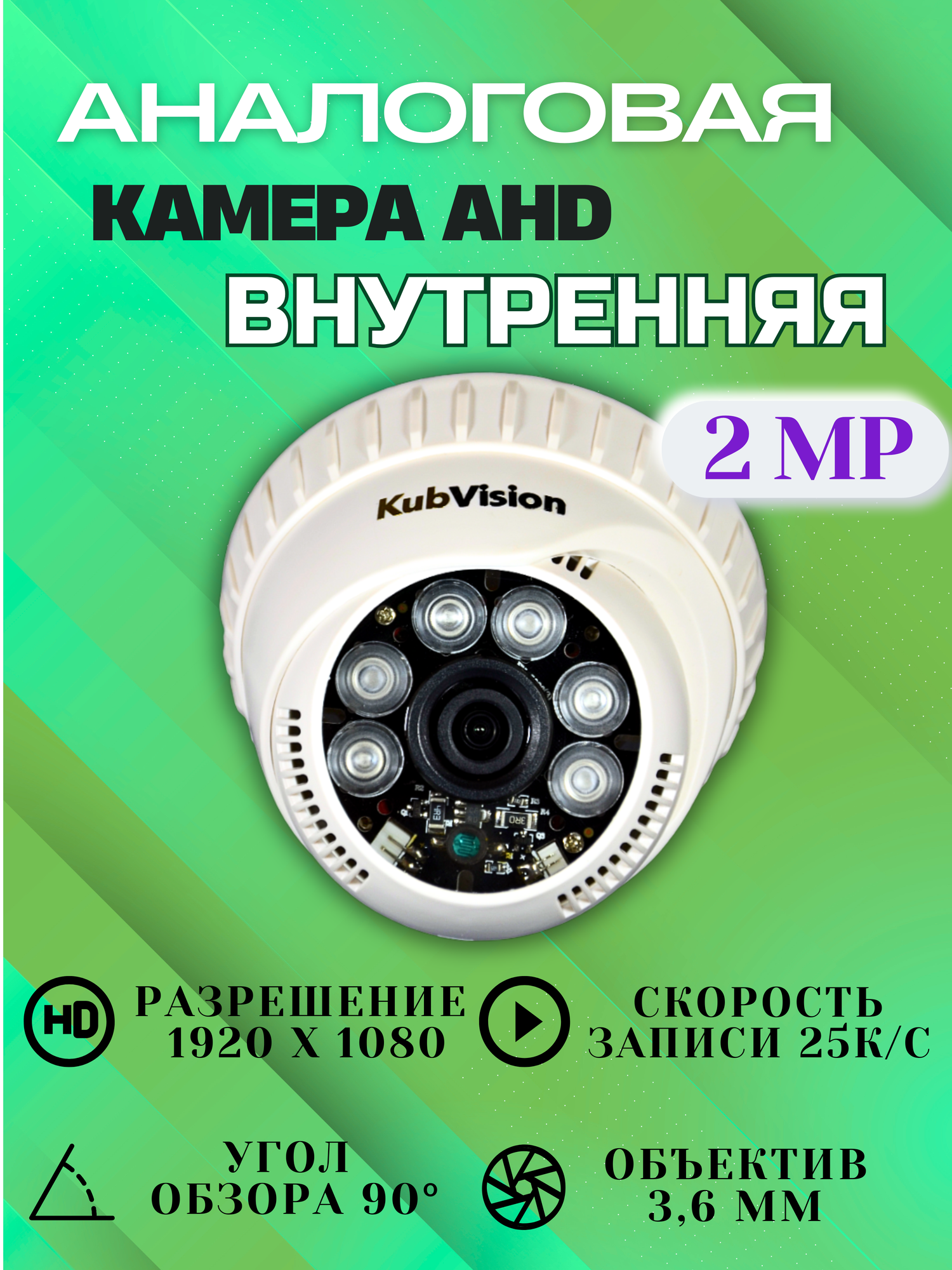 Камера аналоговая внутренняя купольная 2 мп для помещений