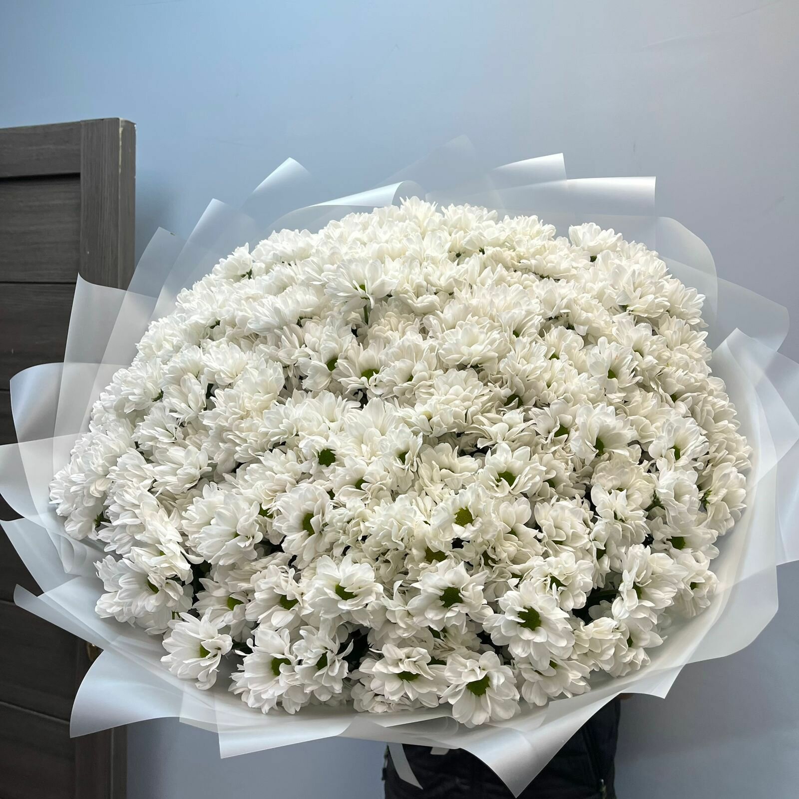 Букет хризантем 25 штук высота 60 см пышный кустовые белые