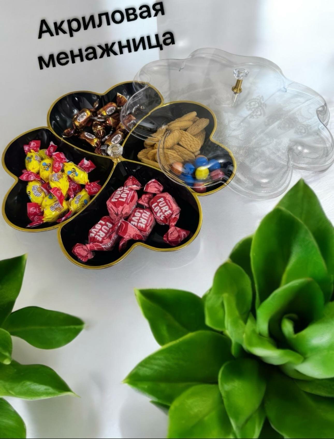 Менажница "Сервировочная посуда", акрил, с крышкой, для закусок, 30x30х7 см, черная