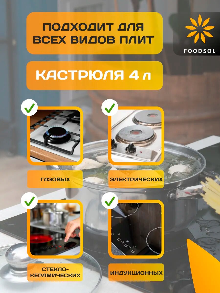 Кастрюля из нержавеющей стали со стеклянной крышкой 4 л — фото 1