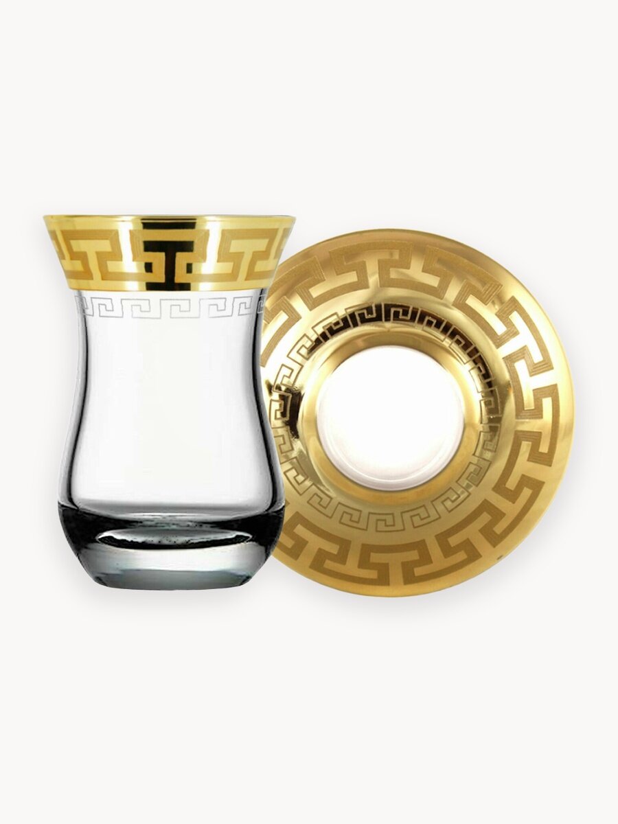 Подарочный чайный набор с алмазной гравировкой PROMSIZ "греческий узор"/ Армуды с блюдцами/ 12 предметов