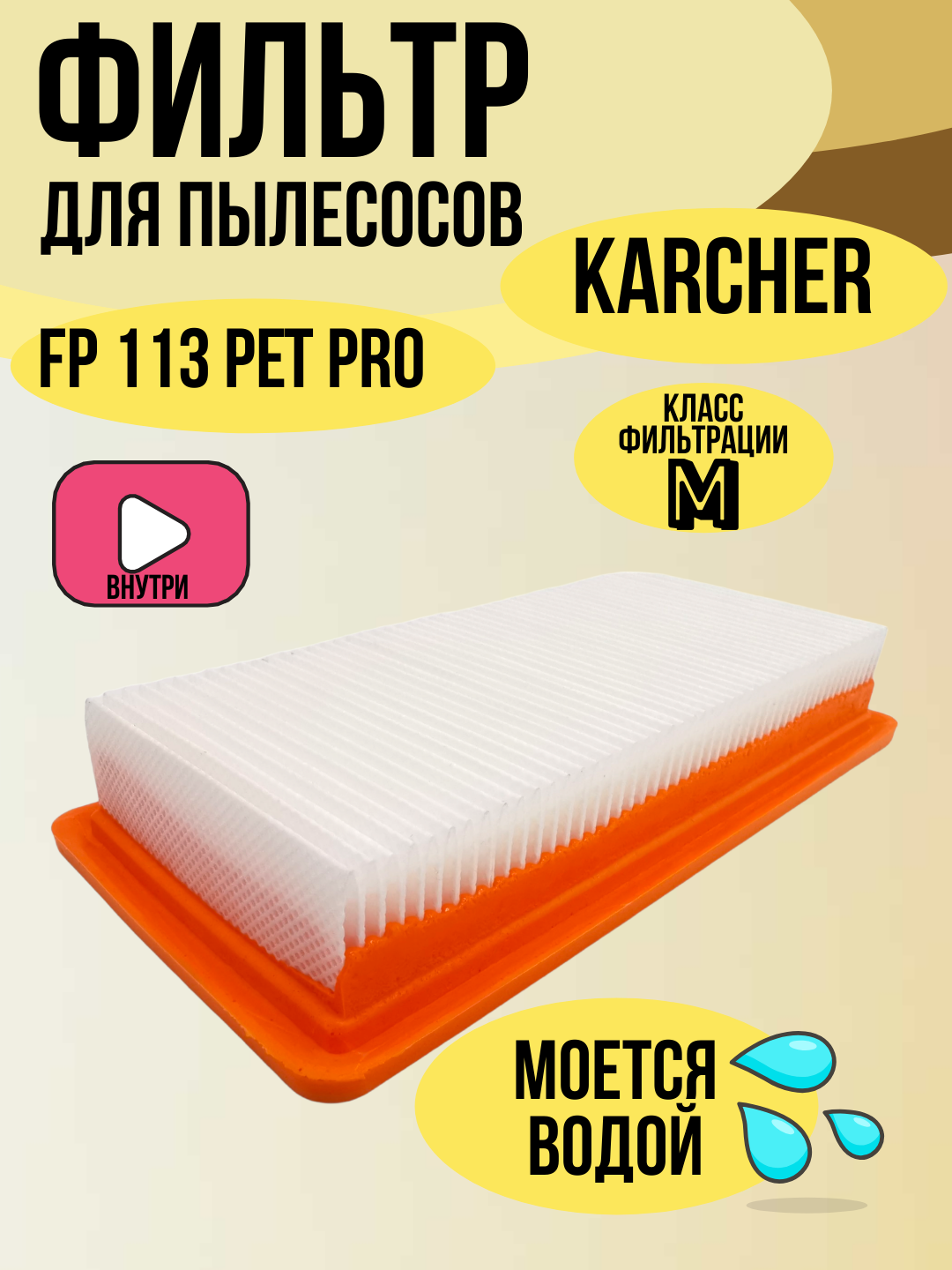 Фильтр складчатый из полиэстера для пылесосов Karcher, Filtero FP 113 PET Pro, моющийся 05792