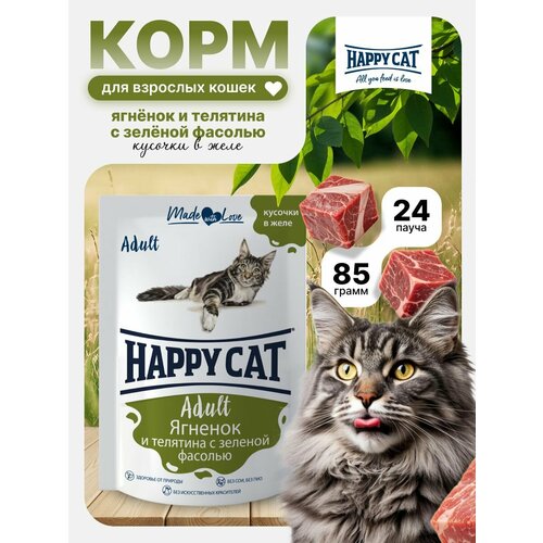 Корм влажный для кошек Хэппи Кэт (Happy Cat) кусочки ягненок, теленок, зеленая фасоль в желе, пауч (24шт*85гр)