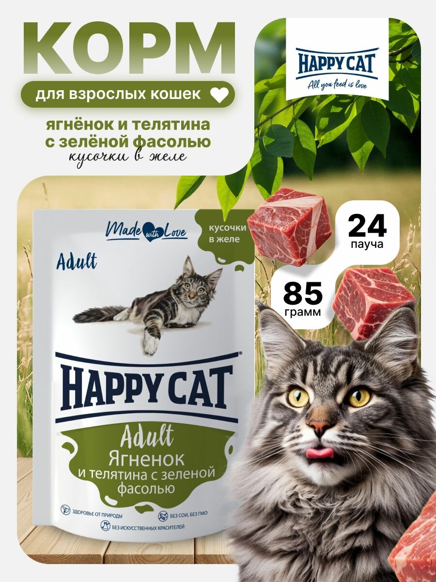 Корм влажный для кошек Хэппи Кэт (Happy Cat) кусочки ягненок, теленок, зеленая фасоль в желе, пауч (24шт*85гр)
