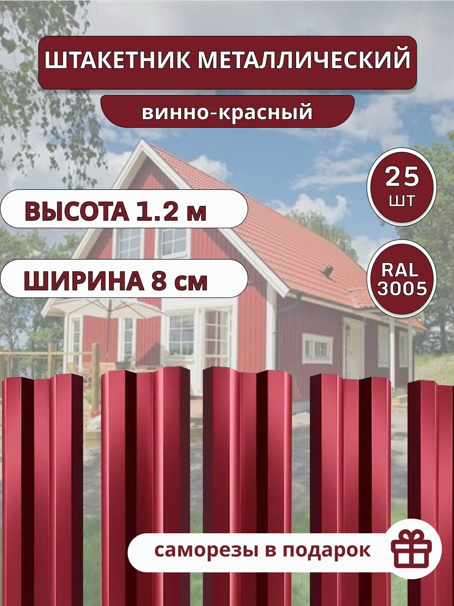 Штакетник металлический для забора 25 шт. Высота 1.2 м. Цвет Винно-красный + саморезы.