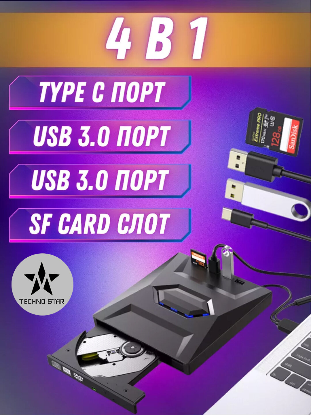 Внешний оптический привод для CD/DVD-рекордера USB/Type-C, SD/USB-флеш-накопителя — фото 1