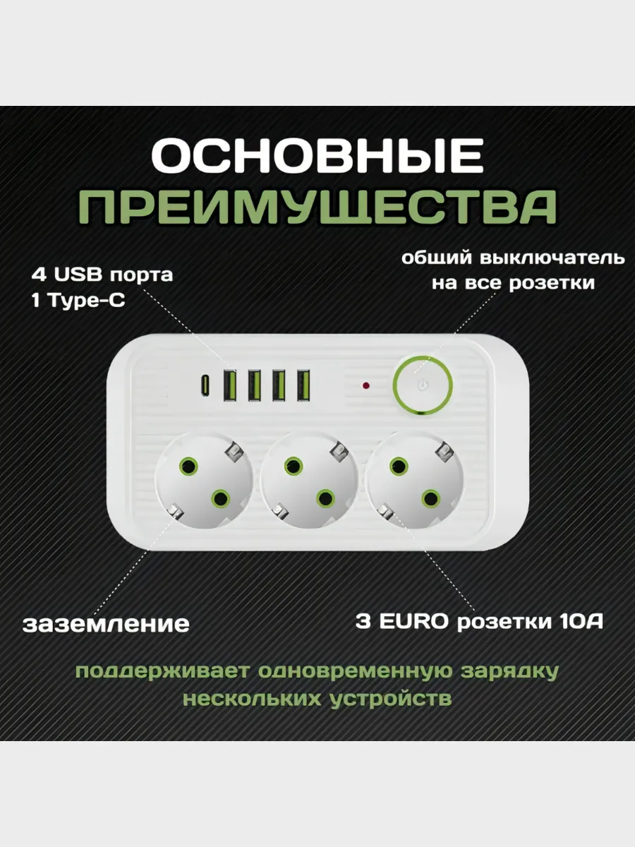 Сетевой фильтр, 3 розетки, 6 розеток USB, 5 розеток Type-C, длина кабеля 3 м — фото 1