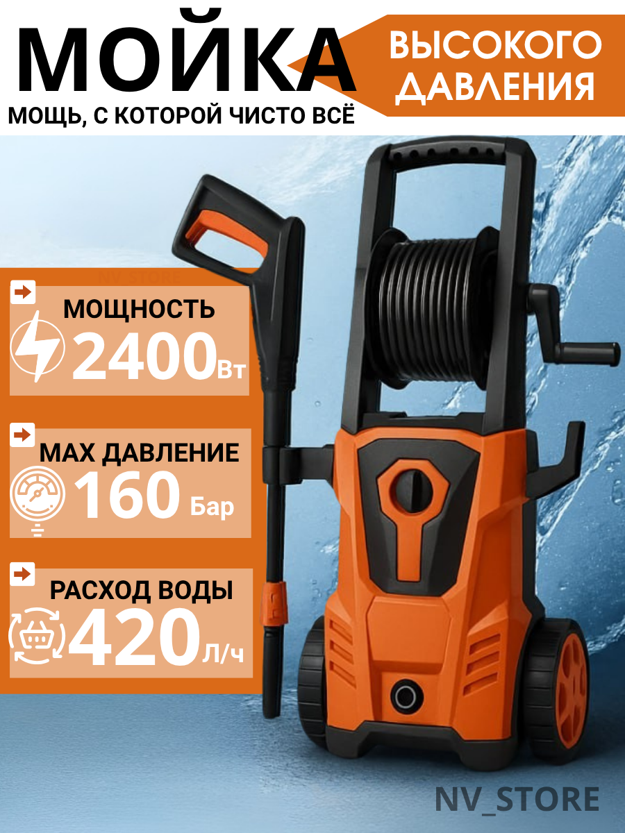 Мойка высокого давления с пеногенератором и защитой от перегрева 2400 Вт 160 бар 420 л/ч