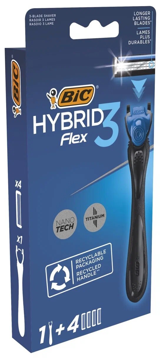 Бритва мужская 3 лезвия подвижная головка увлажняющая полоска BIC Hybrid 3 Flex Набор с 4 сменными кассетами