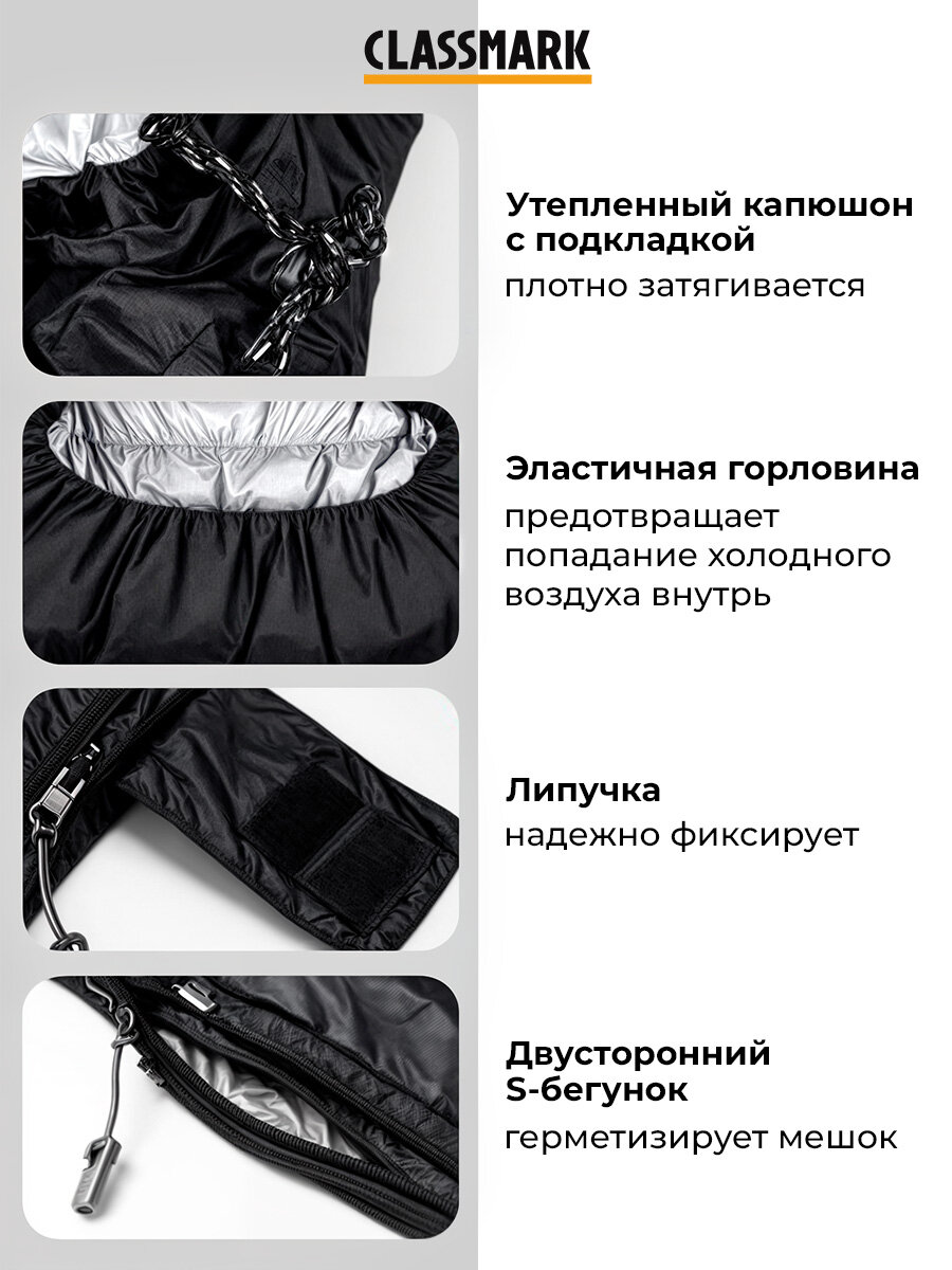 Спальный мешок туристический Classmark спальник для сна, кокон, зимний, с капюшоном, максимальный рост 210 см, 2 слоя наполнителя, левая сторона состегивания — фото 1