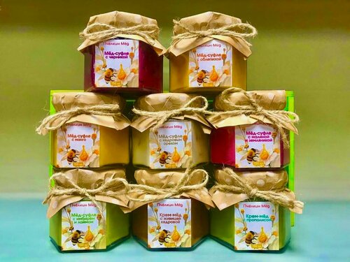 Изображение товара Мед - суфле, медомиксы, набор из 8 банок по 150 гр, стекло.