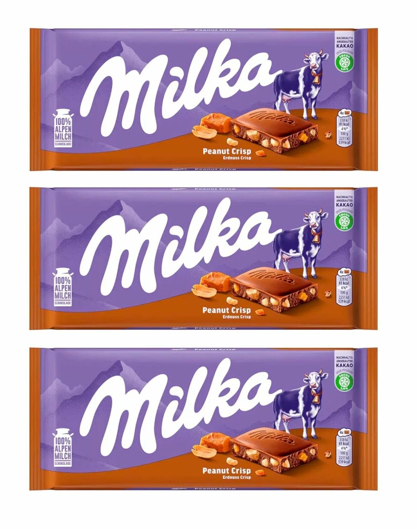 Молочный шоколад Milka Peanut Crispy Caramel с арахисом и хрустящей карамелью, 3 шт. по 90 гр. (Швейцария)