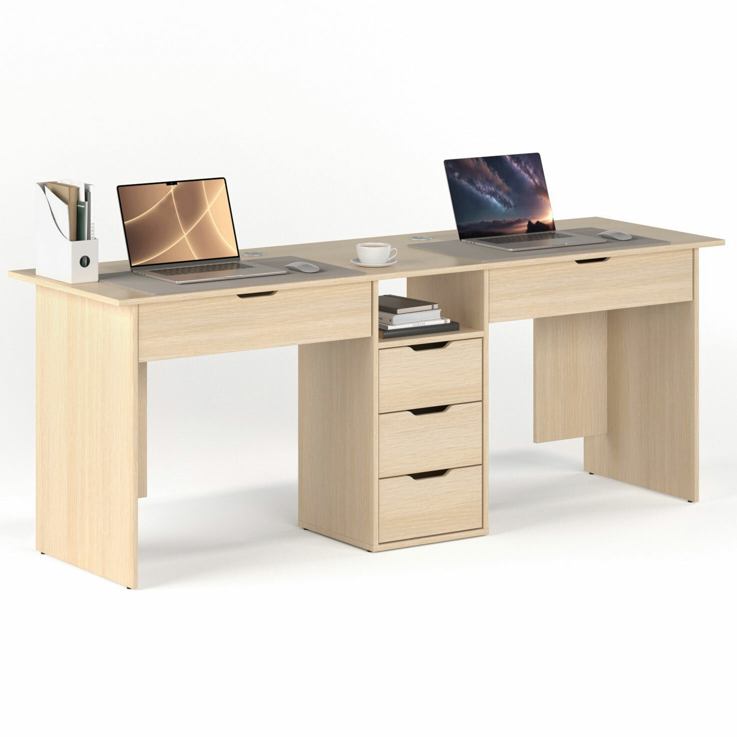 Письменный стол для двоих однотумбовый с 5 ящиками МагМебель Б89Я дуб молочный