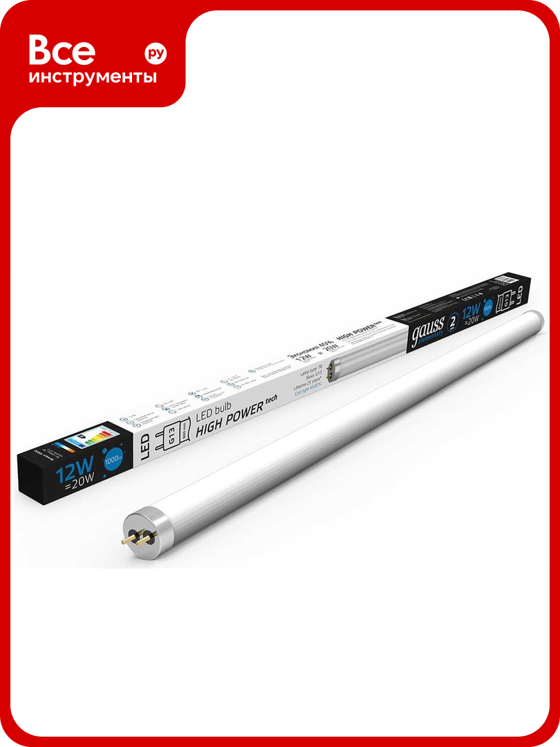 Лампа Gauss Elementary T8 12W 1000lm 6500K G13 600mm стекло LED 1/20 93032