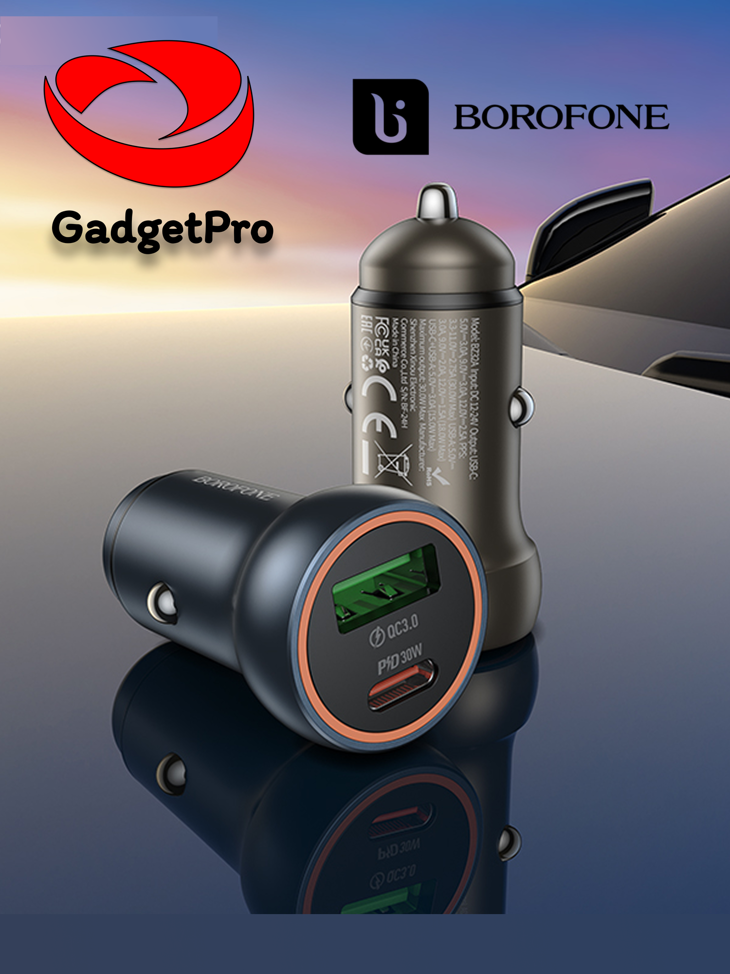 Авто зарядное устройство Borofone BZ32B 48 Вт PD30W+QC, 2 порта, с кабелем iP