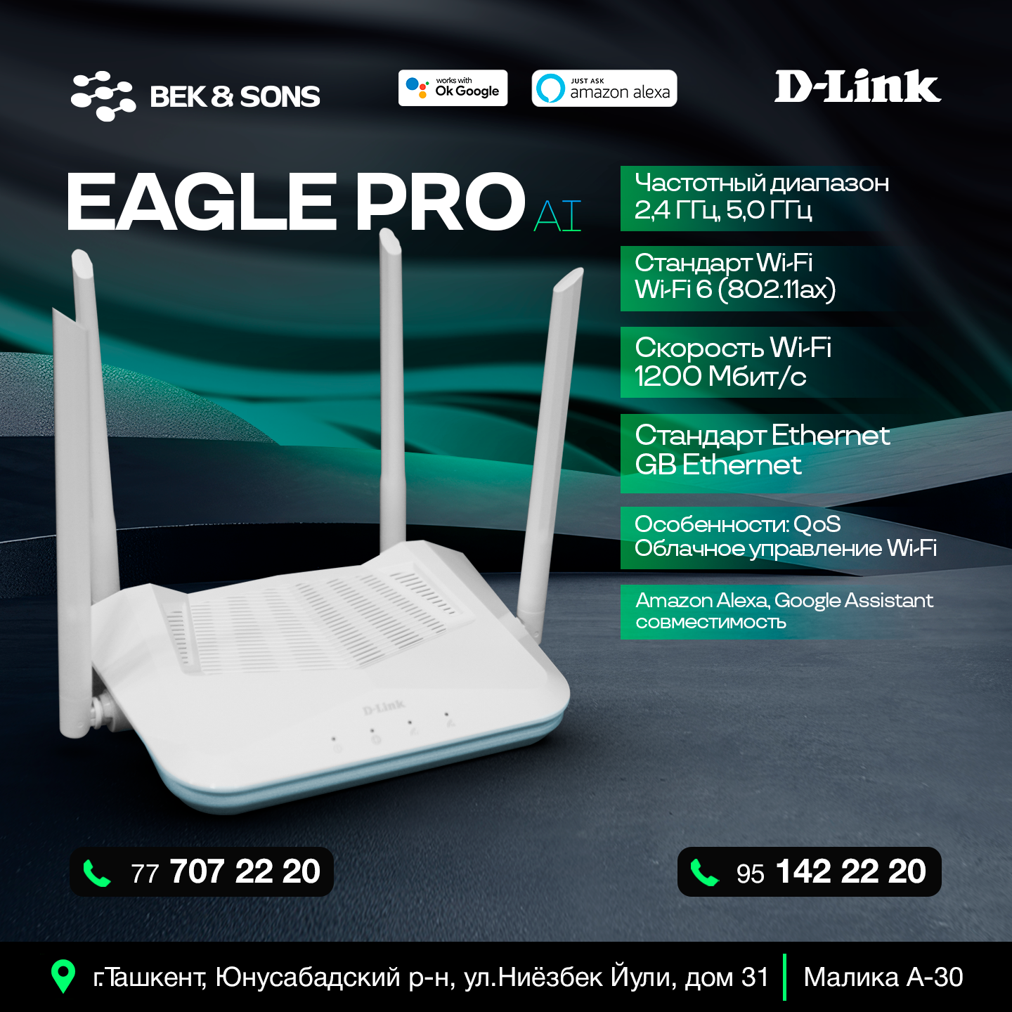 Маршрутизатор D-Link Eagle Pro R15 AX1500 Dual‑Band Wi‑Fi  6, с оптимизацией и улучшением, подключение, расширяемый
