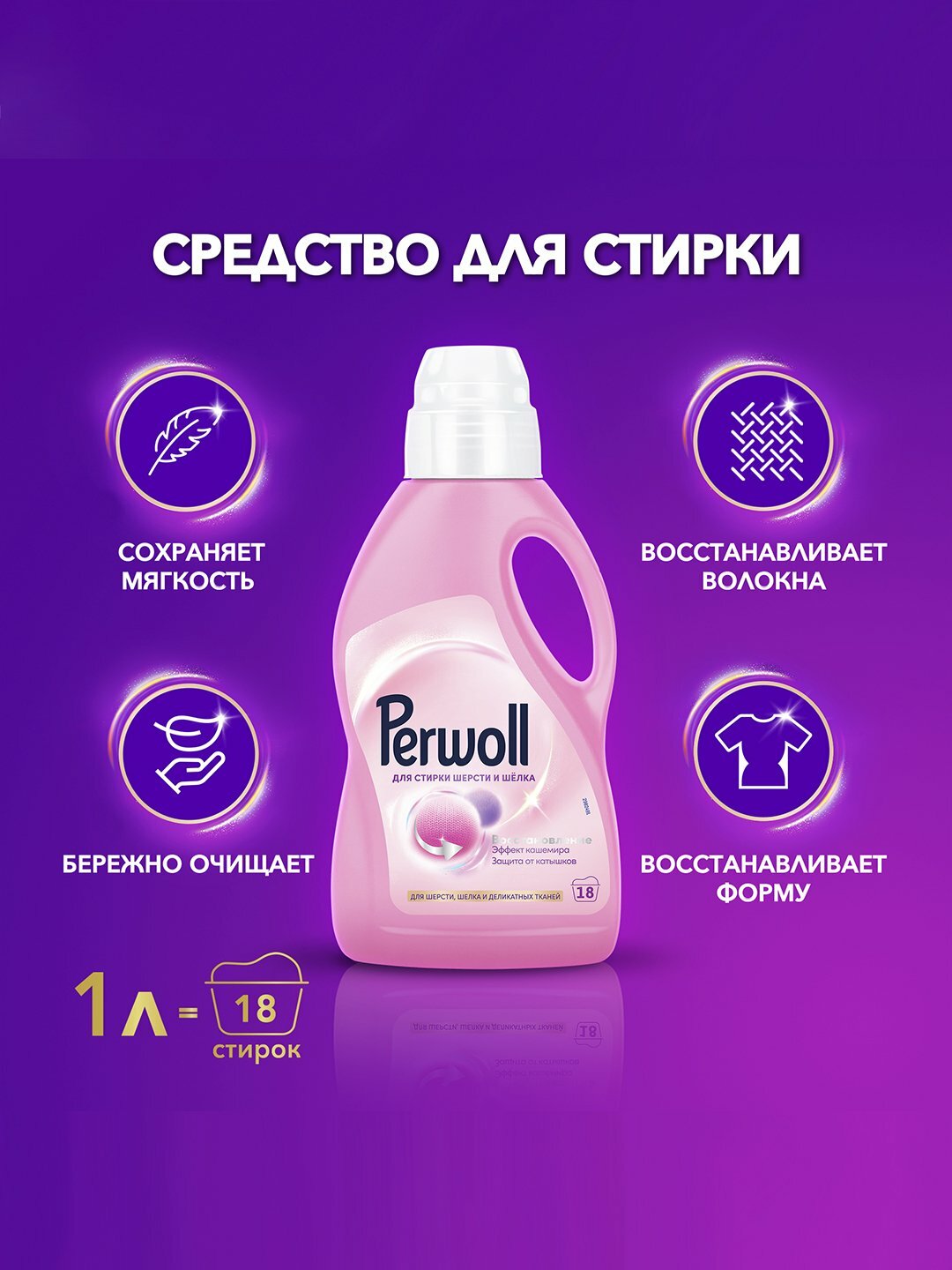 Гель для стирки Perwoll "Шерсть и шелк", 1 л, с эффектом восстановления цвета, Италия
