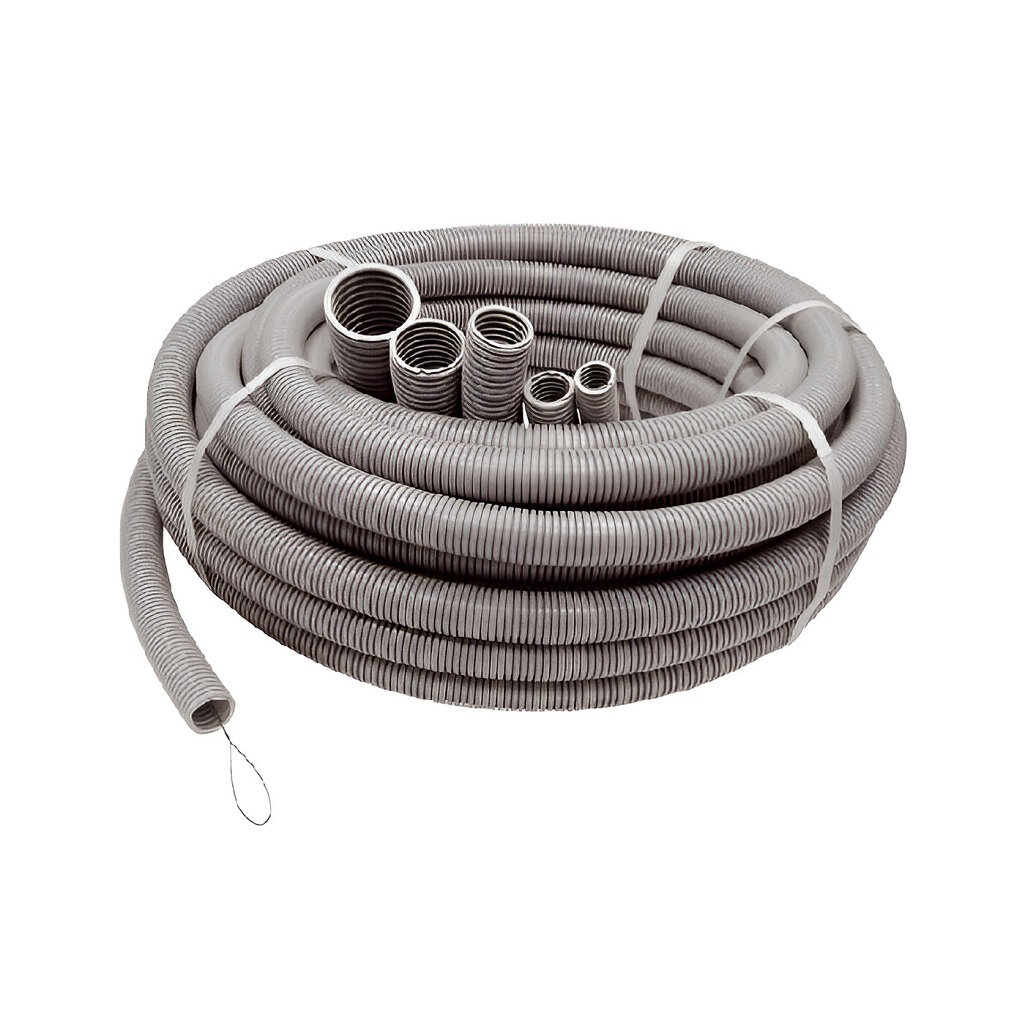 Труба гофрированная ПВХ Ruvinil 13201 с зондом, диаметр 32 мм, серая, легкая