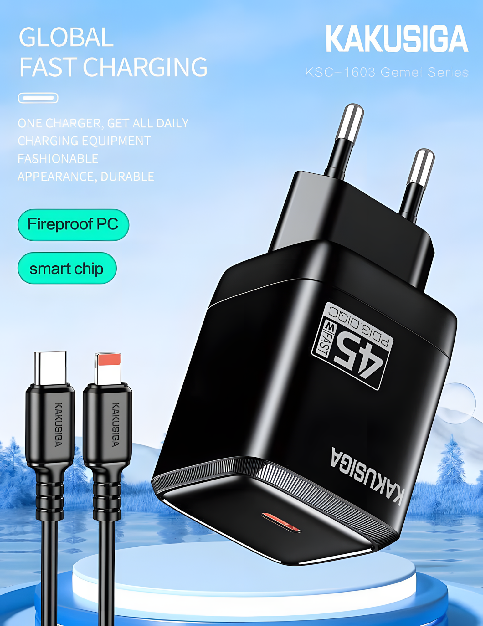 Быстрая зарядка KAKUSIGA KSC-1603, 45W USB-C PD для iPhone, Android смартфонов, черный