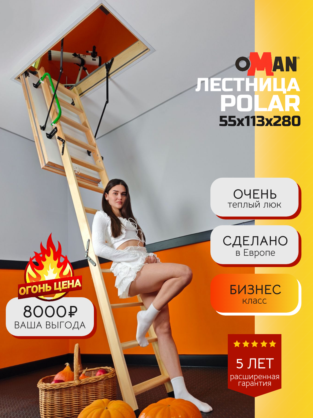 55х113 см h-280 см OMAN POLAR Чердачная лестница с люком