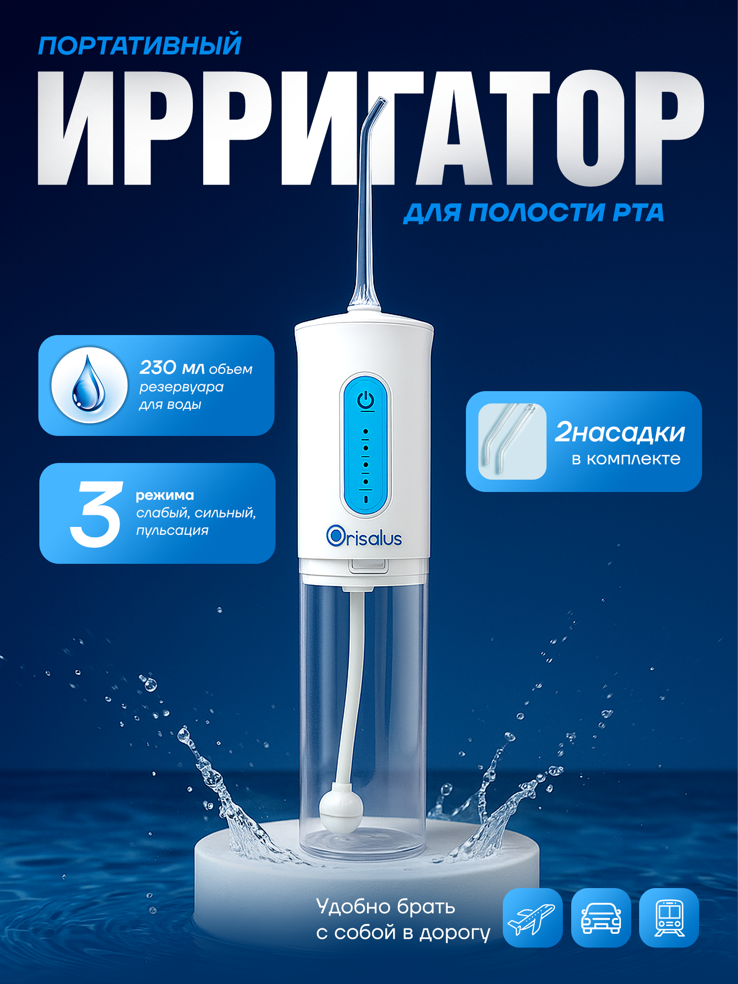 Ирригатор для чистки зубов и брекетов, портативный, беспроводной