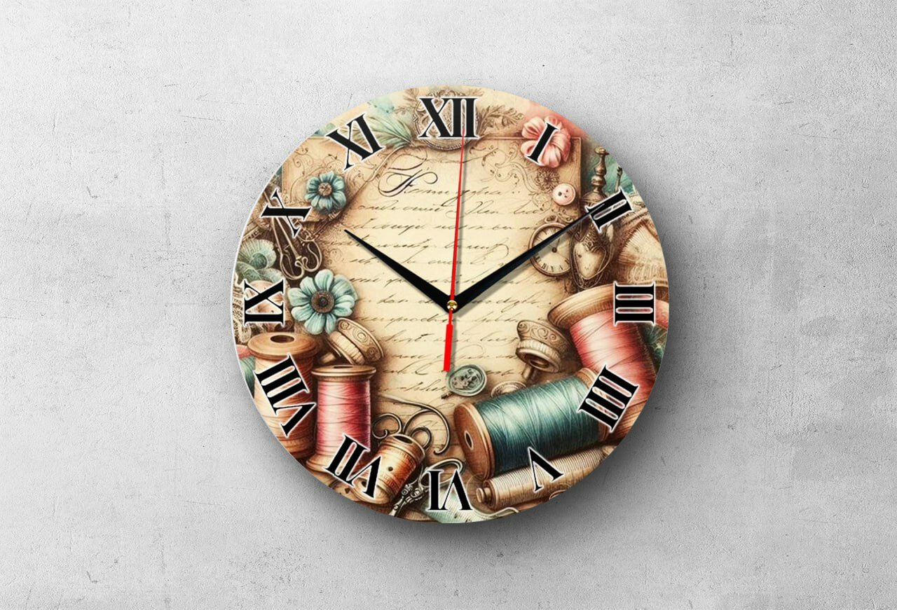 Подарочные настенные часы для швеи "Нити", круглые, плавный ход, кварцевый механизм, стекло, 20х20 см