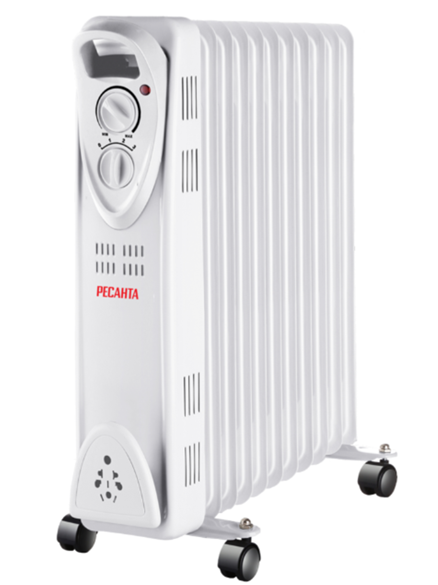 Масляный радиатор Ресанта ОМ-12Н 25 кВт 30 м² колеса в комплекте белый
