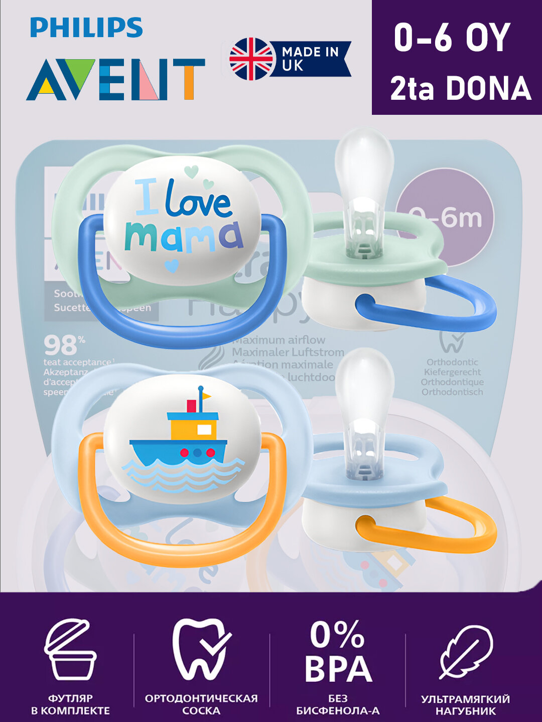 Соска-Пустышка Philips Avent Ultra Air Happy для мальчиков 0-6 м, 2 штуки