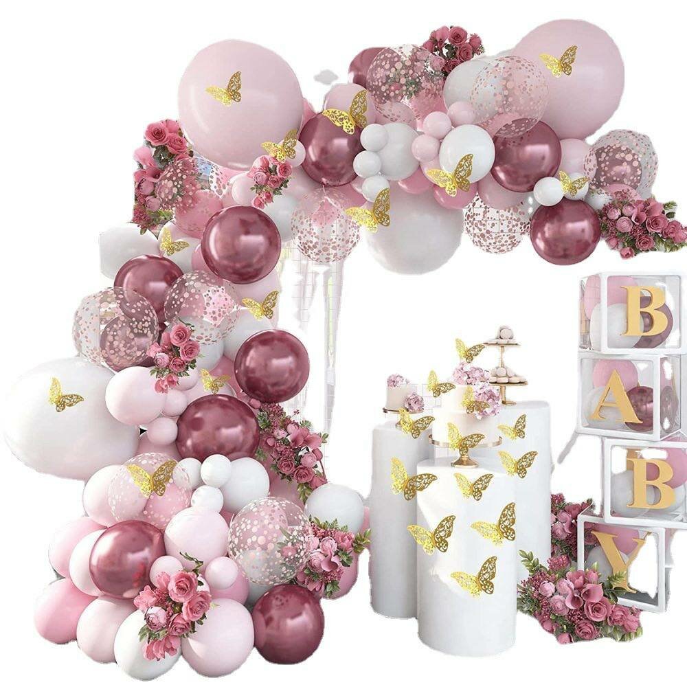 Набор Шаров 118 шт. Розово-Бордовая Арка с Золотыми Бабочками и Цветами - Для Дня Рождения, Свадьбы, Выписки, Девичника, Baby Shower (Гирлянда из Шаров)