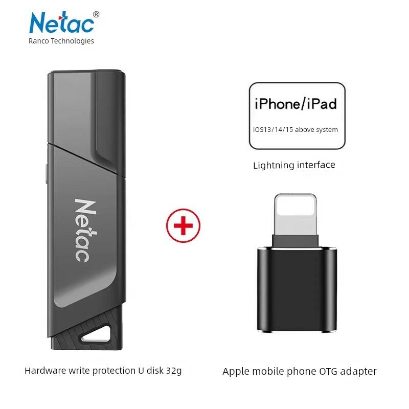 Netac USB 3.0 флеш-накопитель 32 ГБ с защитой от записи и адаптером для Apple