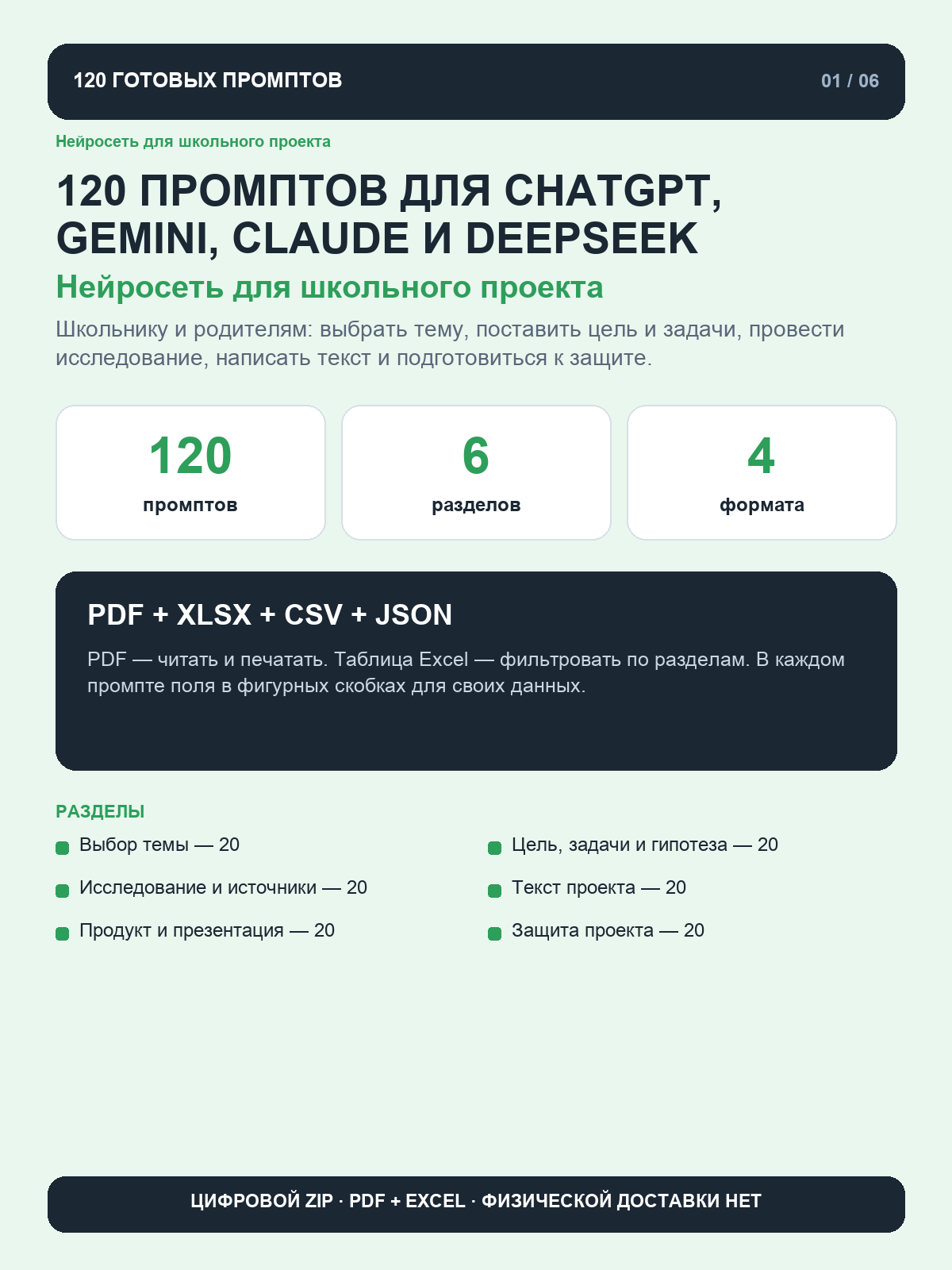 Нейросеть для школьного проекта: 120 промптов для темы, цели, исследования и защиты проекта, цифровая книга PDF A4