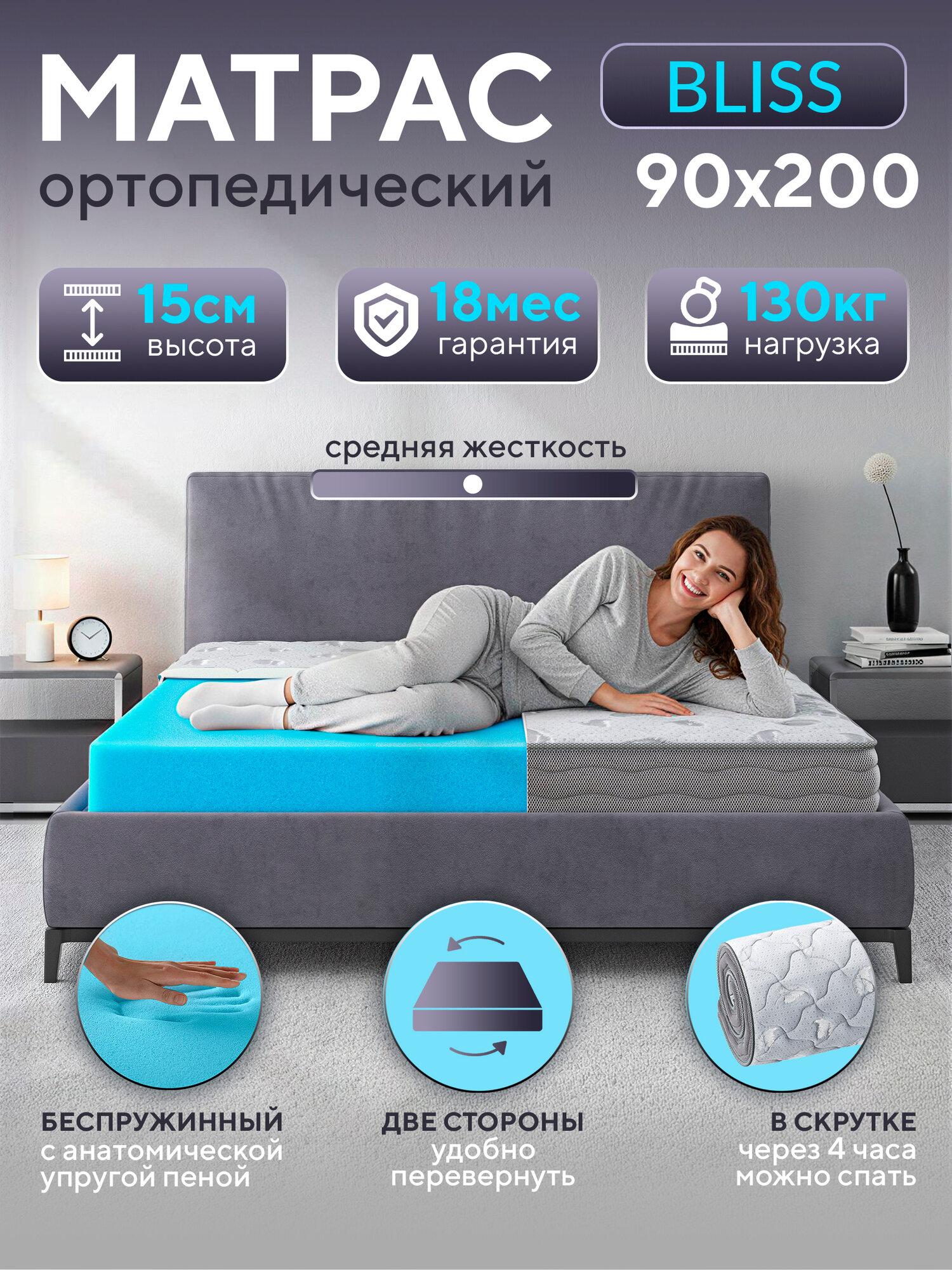 Матрас, Беспружинный, 90х200 см