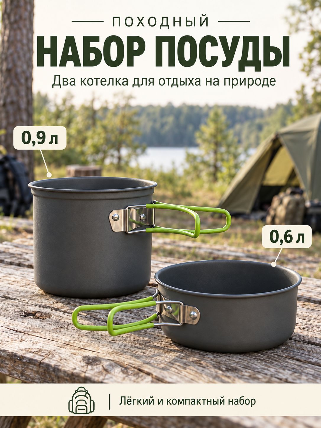 Котелок туристический: набор 2 в 1, котелок 0,9 л и 0,4 л, с чехлом