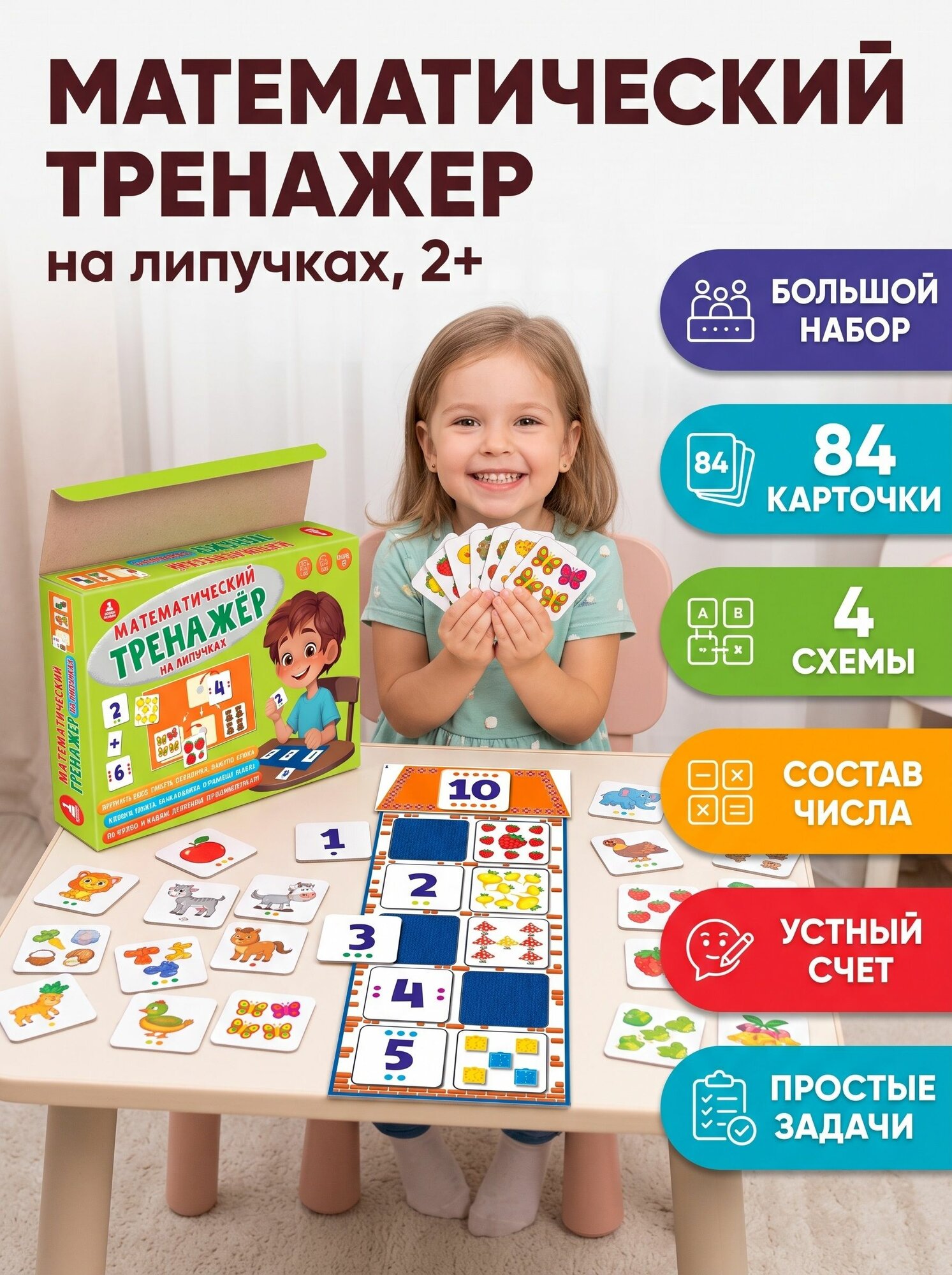 Развивающая математическая игра тренажер на липучках для детей. Математические домики и устный счет