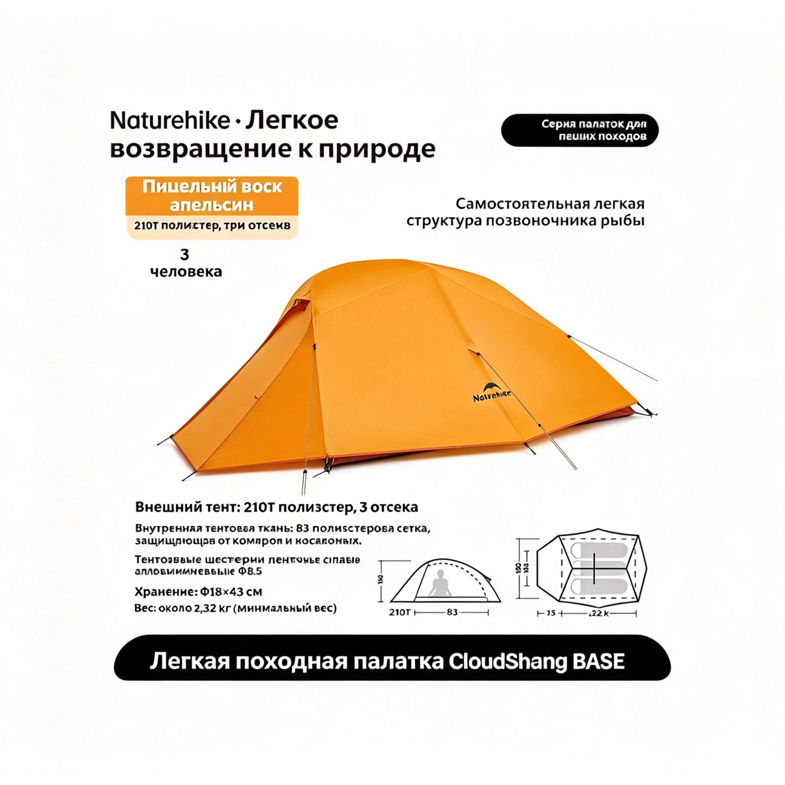 Naturehike Yunshang Палатка на 1-3 человека 210T материал CNK2450WS032