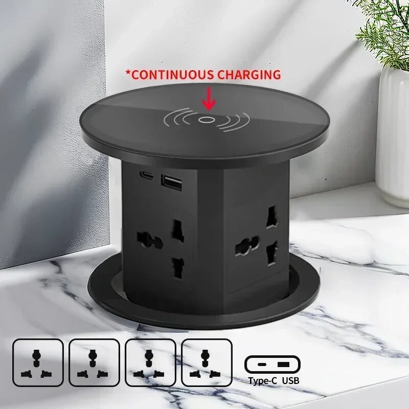 Автоматическая подъемная розетка с беспроводной зарядкой 4-3P USBA-C-wireless, Black