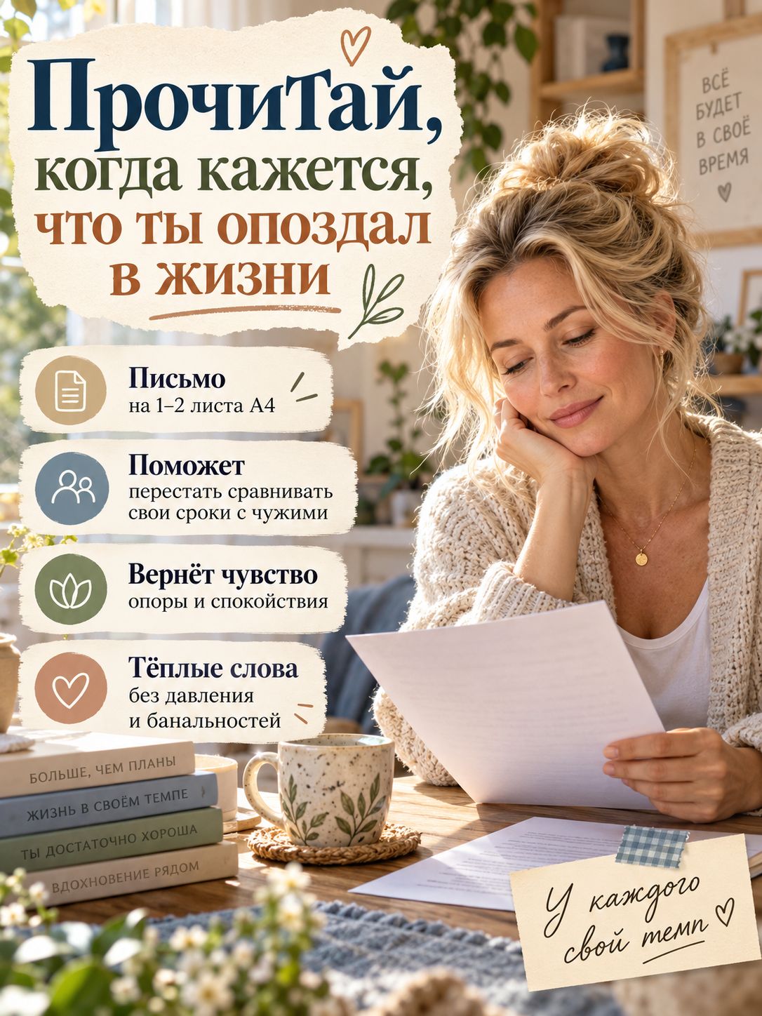 Письмо "Когда кажется что опоздал в жизни" - мотивирующий текст на листе бумаги А4 для женщин и мужчин